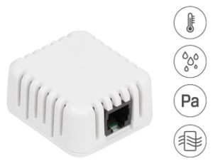 Sensor THPVoc 1W-UNI: Combined sensor of 4 quantities in 4×4 cm indoor box. RJ11 interface (1-Wire UNI bus)